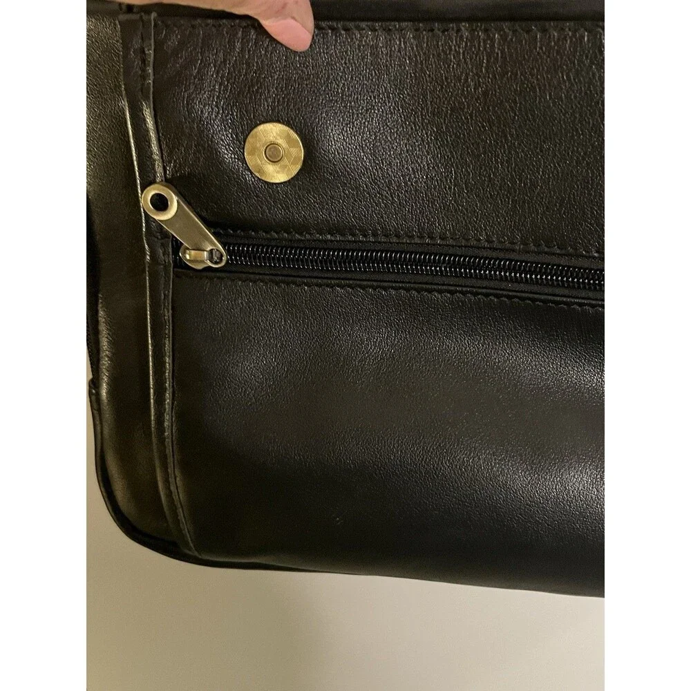 Black Leather Messenger/Laptop Bag With Pockets And Brass Hardware